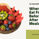 A graphic representation discussing the timing of fruit consumption, emphasizing health advantages and scientific recommendations.